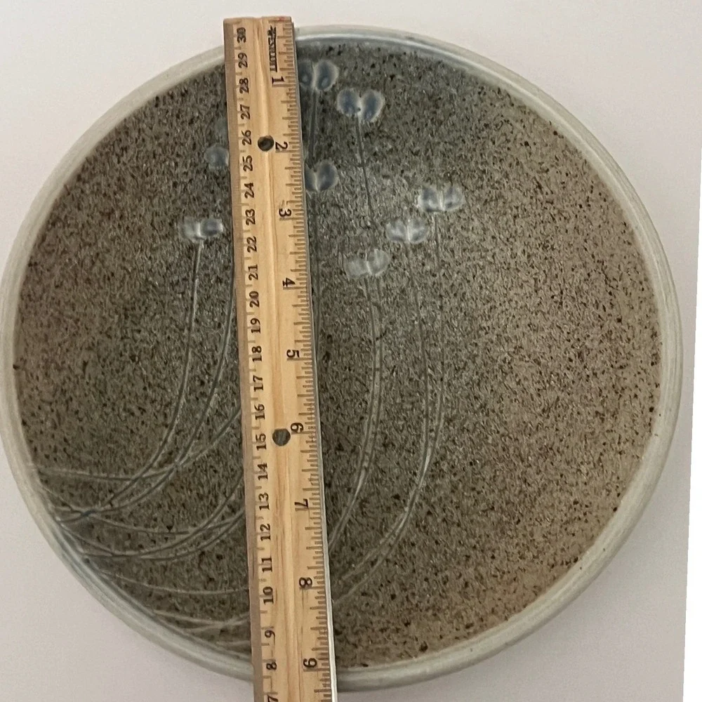 Signed Studio Pottery Shallow Bowl Handcrafted Floral Speckled Earthy Tones 9.5